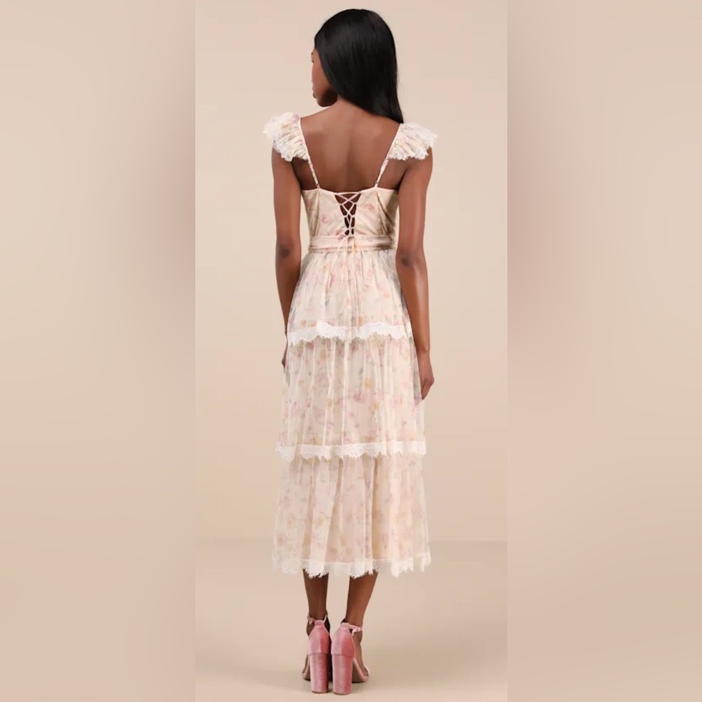 Lulus NWT “Dolora Blush Floral Bustier Tiered Midi Dress. Size Large. NWT. - Picture 3 of 12